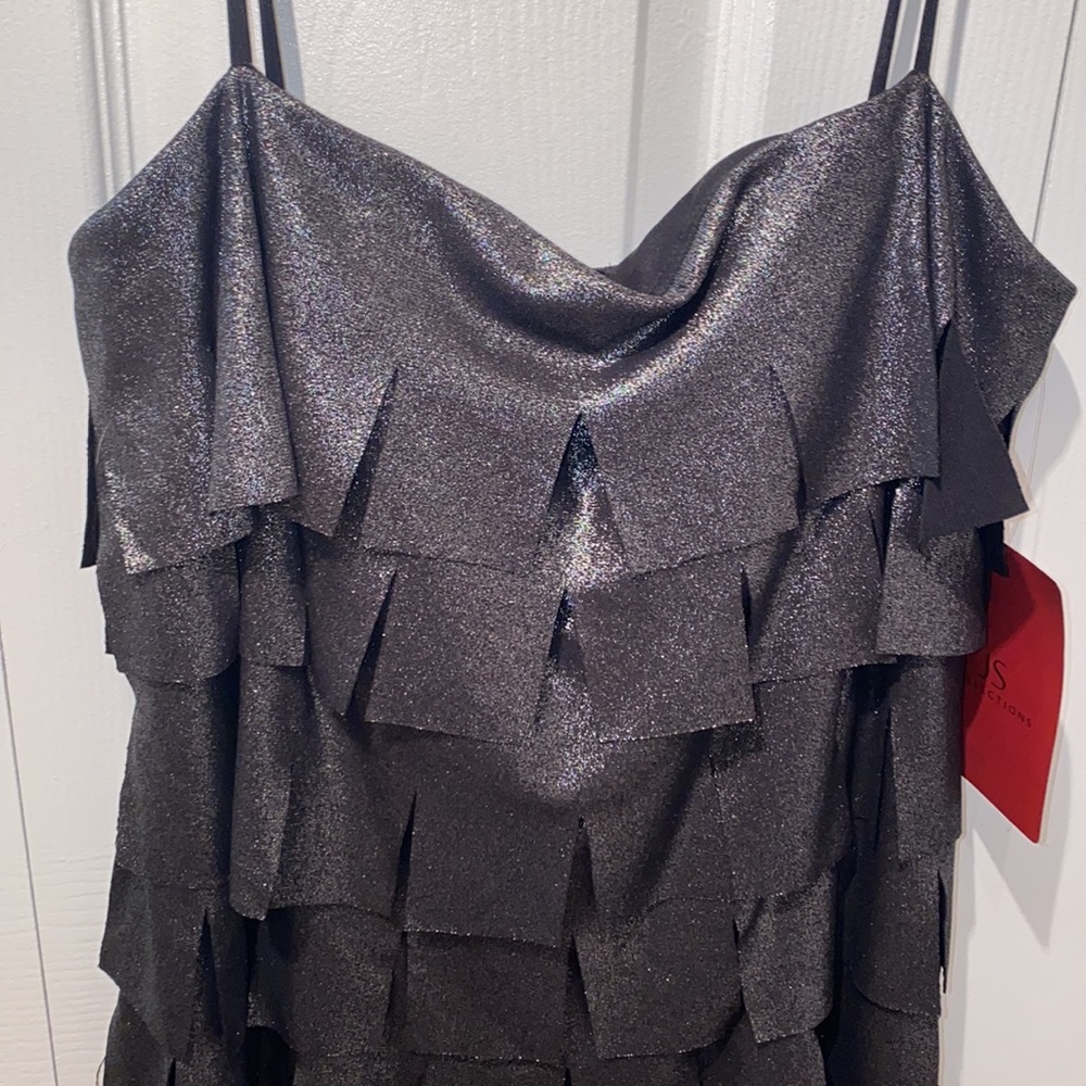 - NWT Dress JS Collections Silver Frayed Formal Dress Evening Midi 12